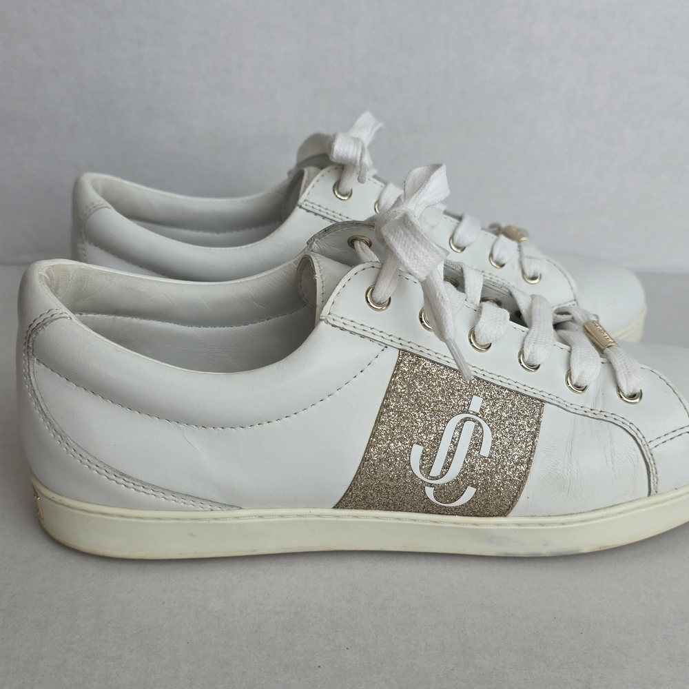 Jimmy Choo Cash White and Gold Women's Sneakers - Picture 2 of 12